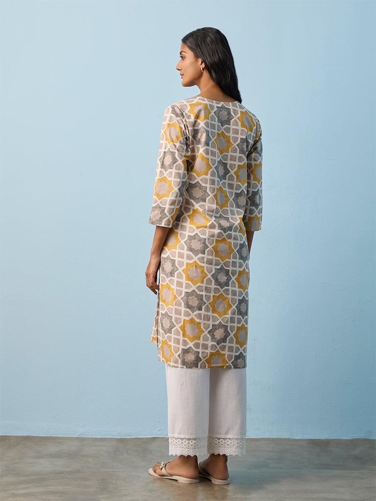 Utsa Grey Geometric Printed Cotton Straight Kurta