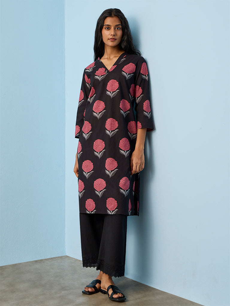 Utsa Black Floral Printed Cotton Straight Kurta
