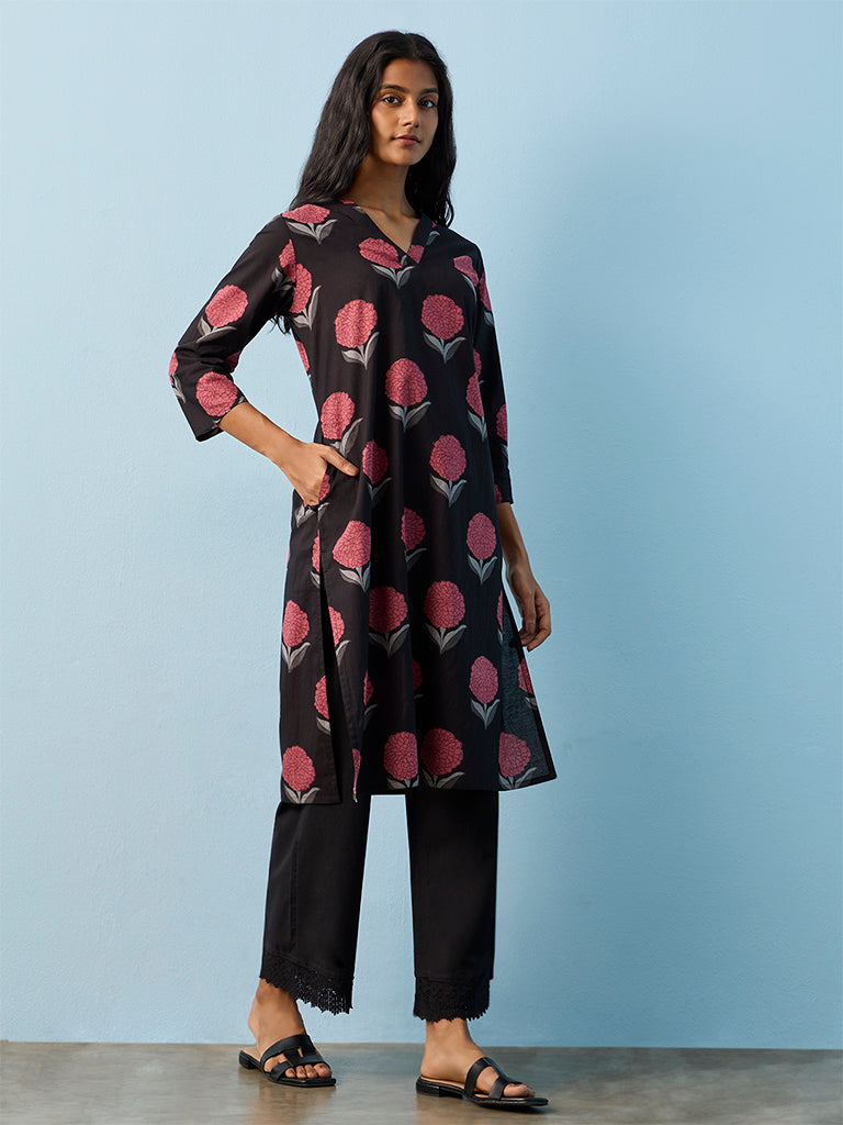 Utsa Black Floral Printed Cotton Straight Kurta