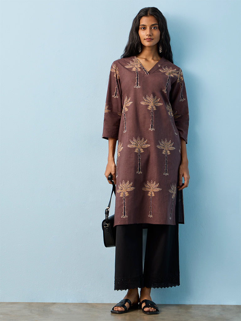 Utsa Brown Botanical Printed Cotton Straight Kurta