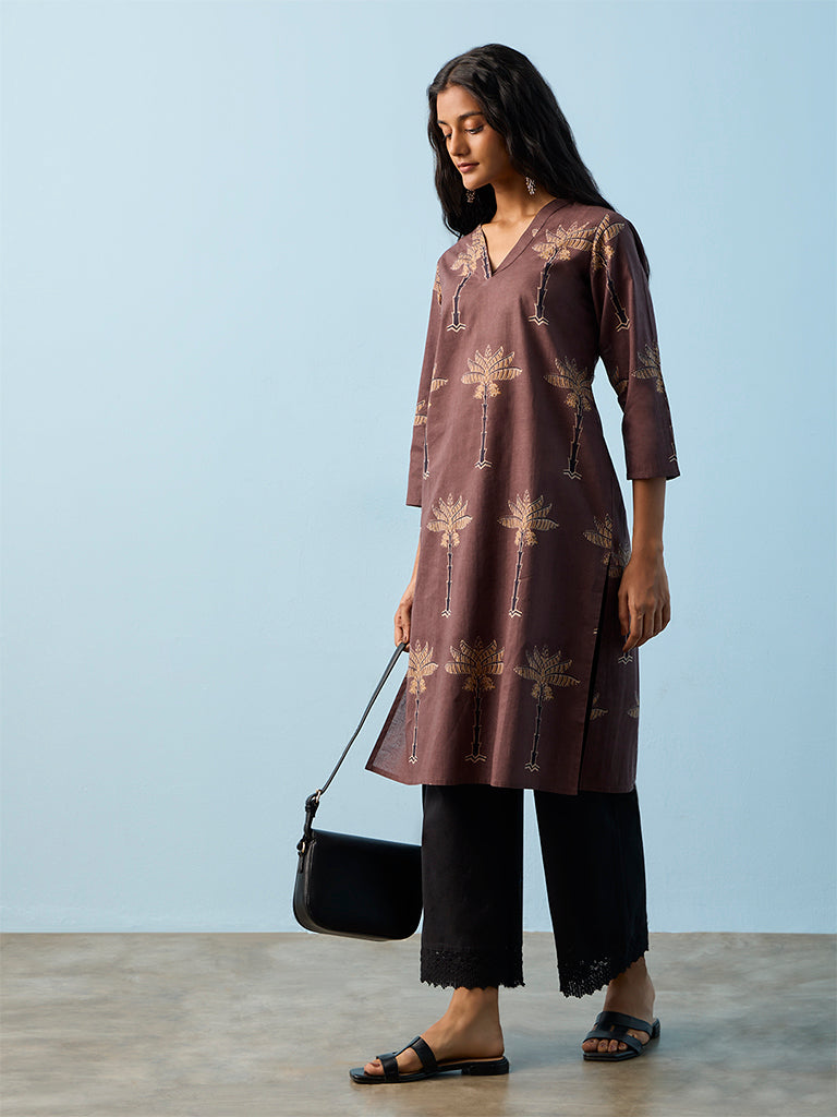 Utsa Brown Botanical Printed Cotton Straight Kurta