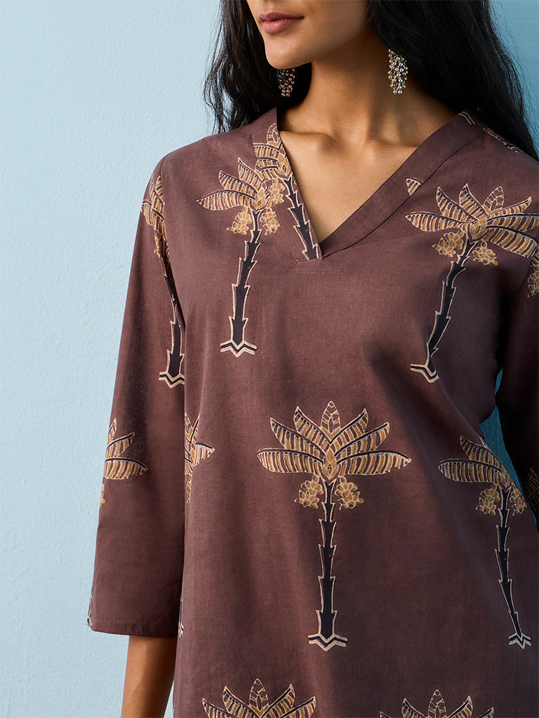 Utsa Brown Botanical Printed Cotton Straight Kurta