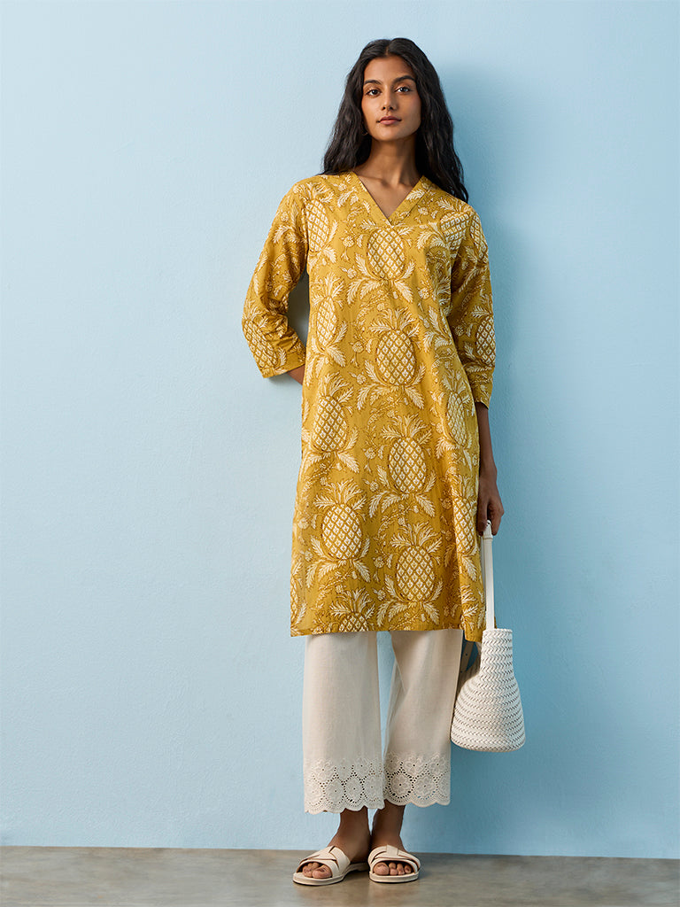 Utsa Mustard Printed Cotton Straight Kurta