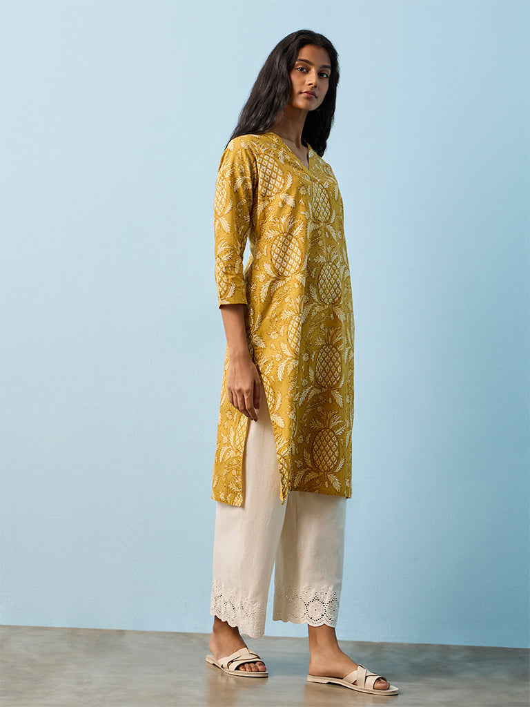 Utsa Mustard Printed Cotton Straight Kurta