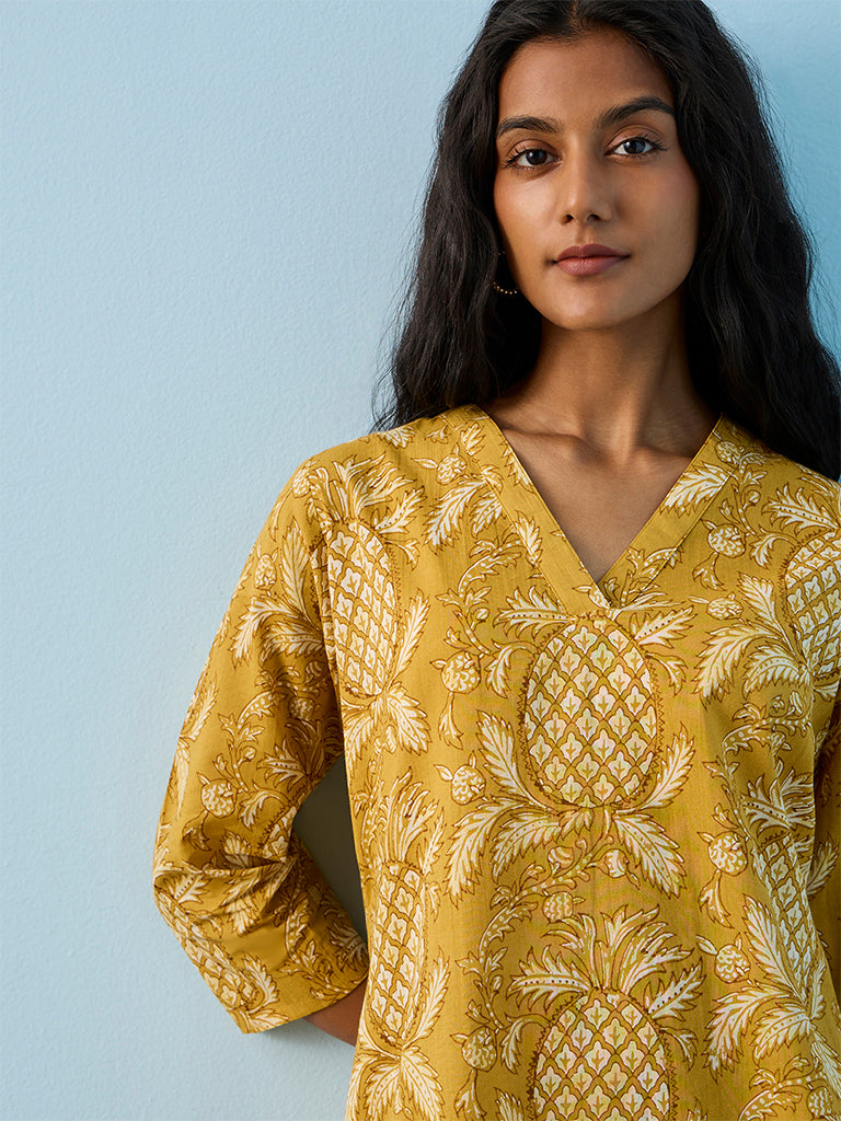 Utsa Mustard Printed Cotton Straight Kurta