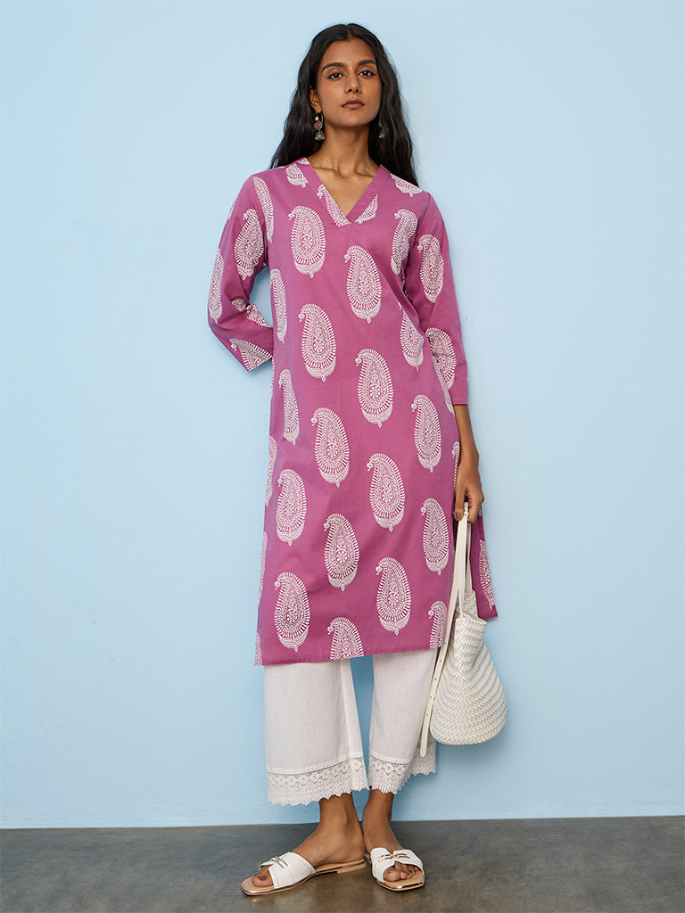 Utsa Pink Paisley Pattern Cotton Straight Kurta