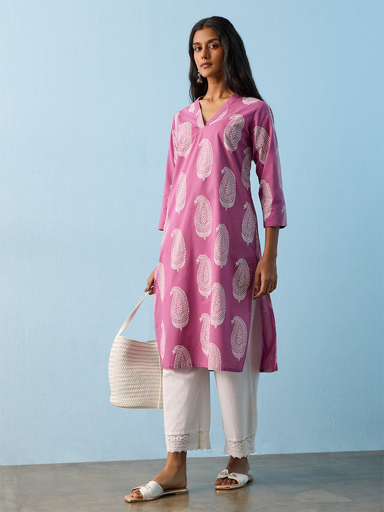 Utsa Pink Paisley Pattern Cotton Straight Kurta