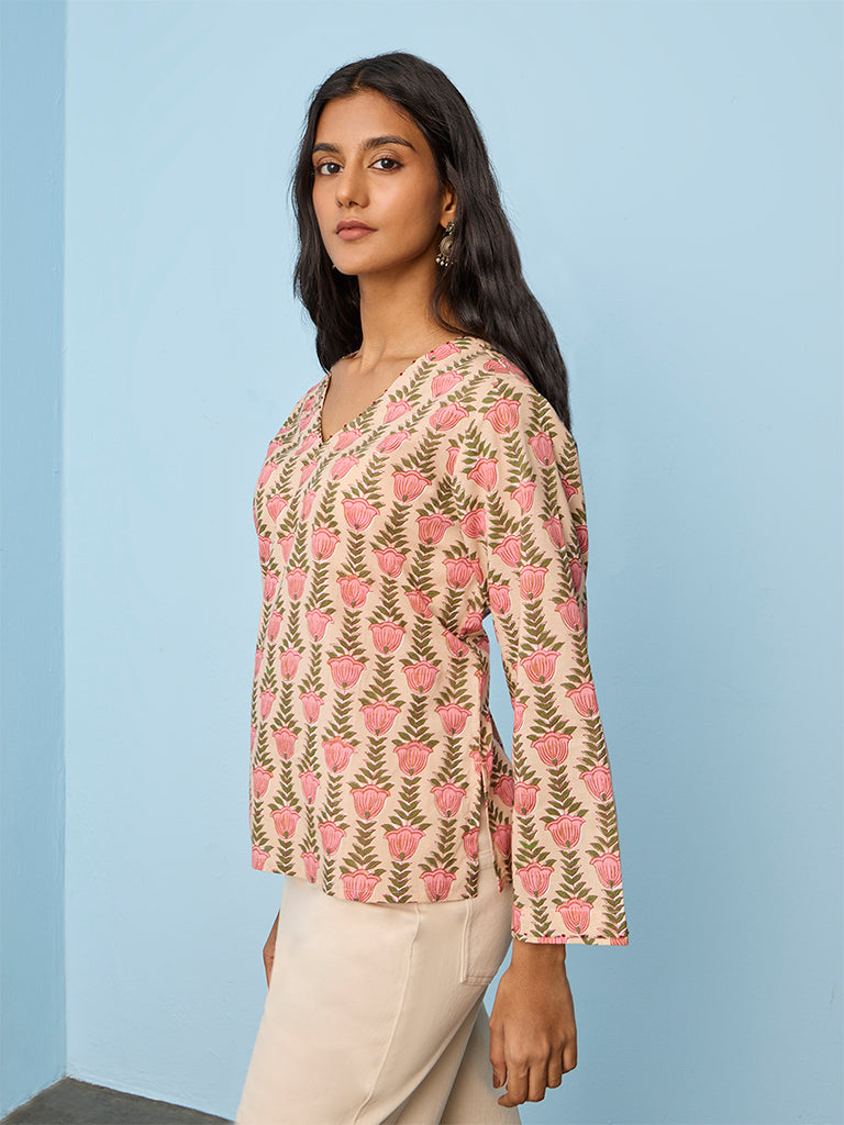 Utsa Peach Floral Design Cotton Tunic