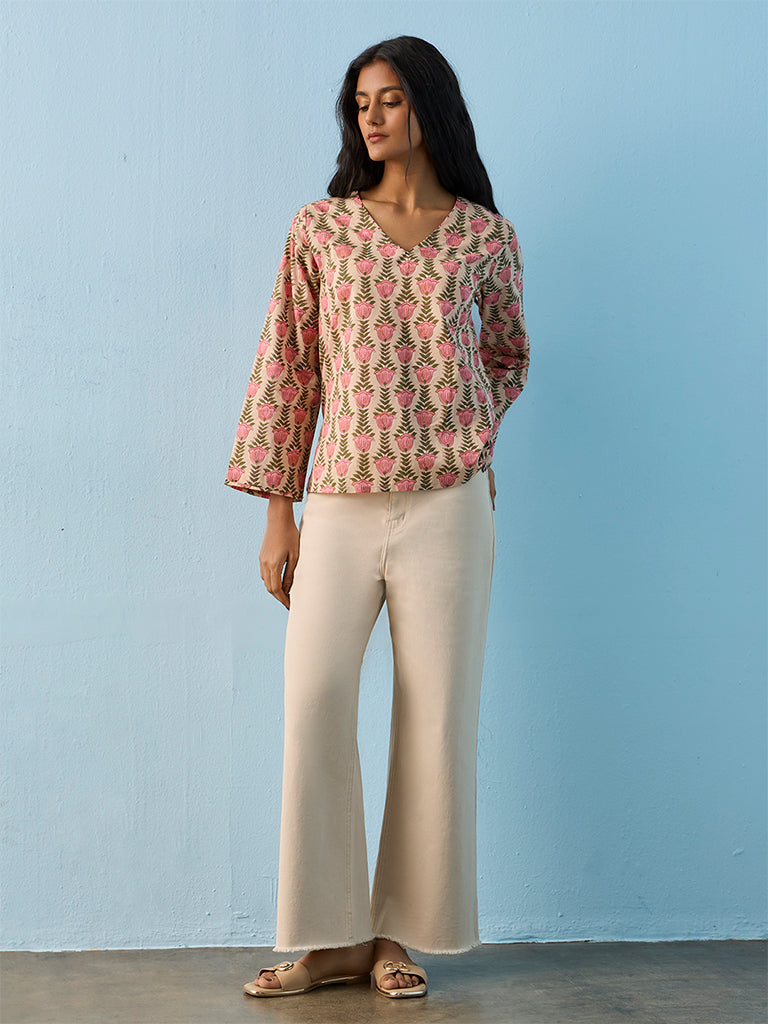 Utsa Peach Floral Design Cotton Tunic