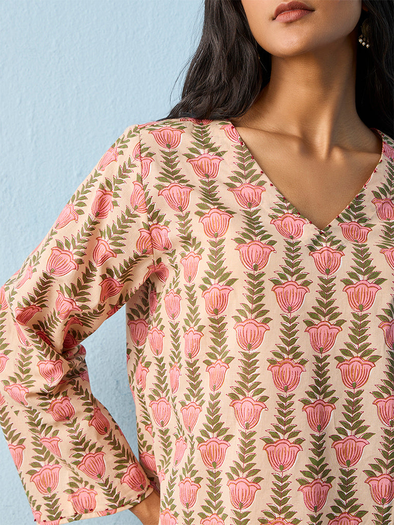 Utsa Peach Floral Design Cotton Tunic