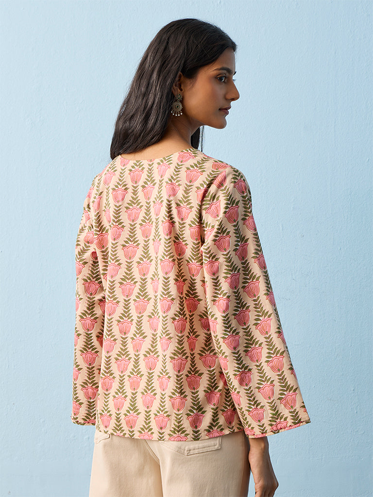 Utsa Peach Floral Design Cotton Tunic