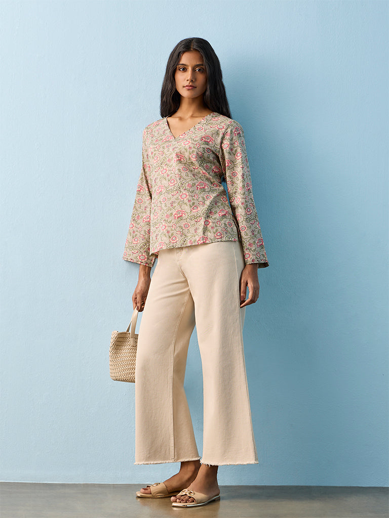 Utsa Sage Floral Pattern Cotton Tunic