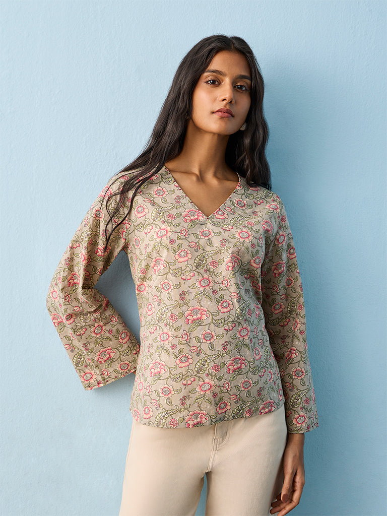 Utsa Sage Floral Pattern Cotton Tunic