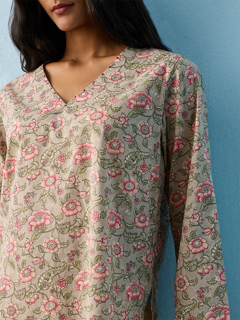 Utsa Sage Floral Pattern Cotton Tunic
