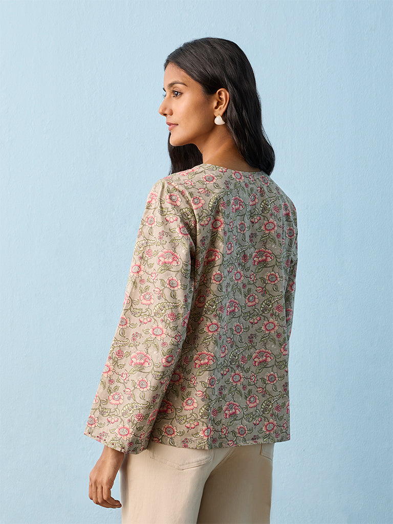 Utsa Sage Floral Pattern Cotton Tunic