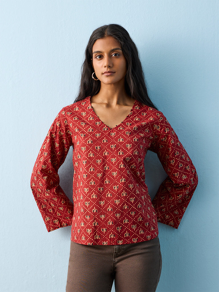 Utsa Red Botanical Printed Cotton Tunic