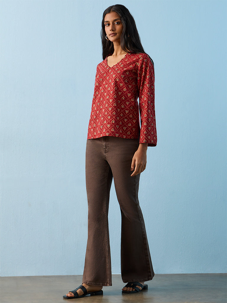 Utsa Red Botanical Printed Cotton Tunic