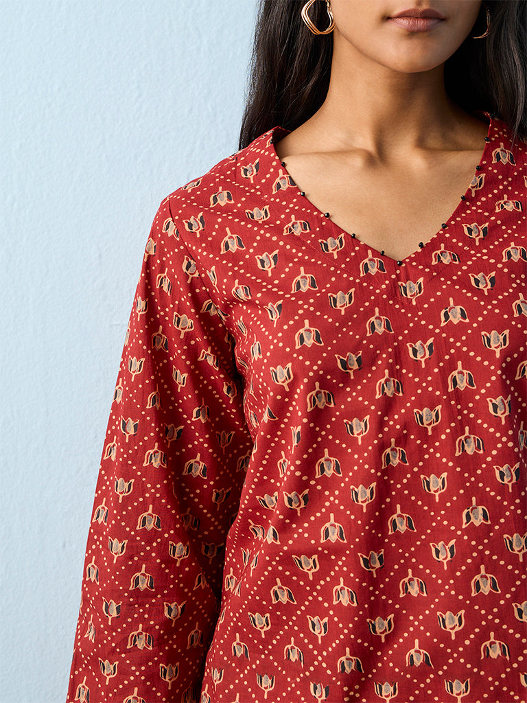 Utsa Red Botanical Printed Cotton Tunic