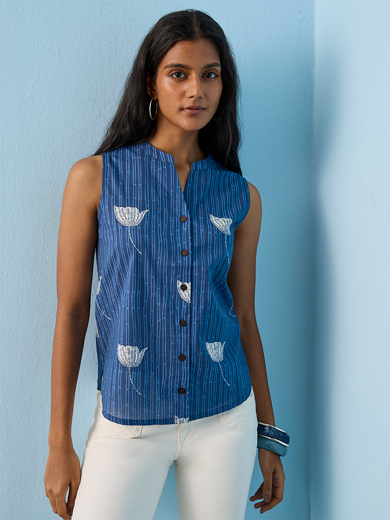 Utsa Blue Floral Printed Cotton Tunic