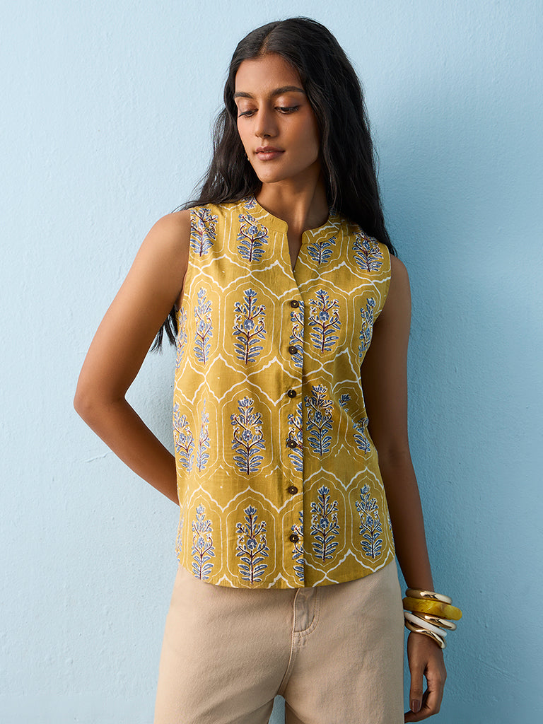 Utsa Mustard Foliage Printed Cotton Tunic