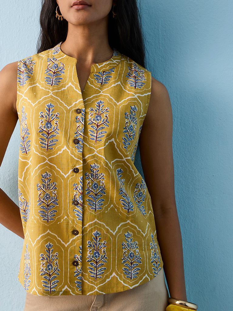 Utsa Mustard Foliage Printed Cotton Tunic