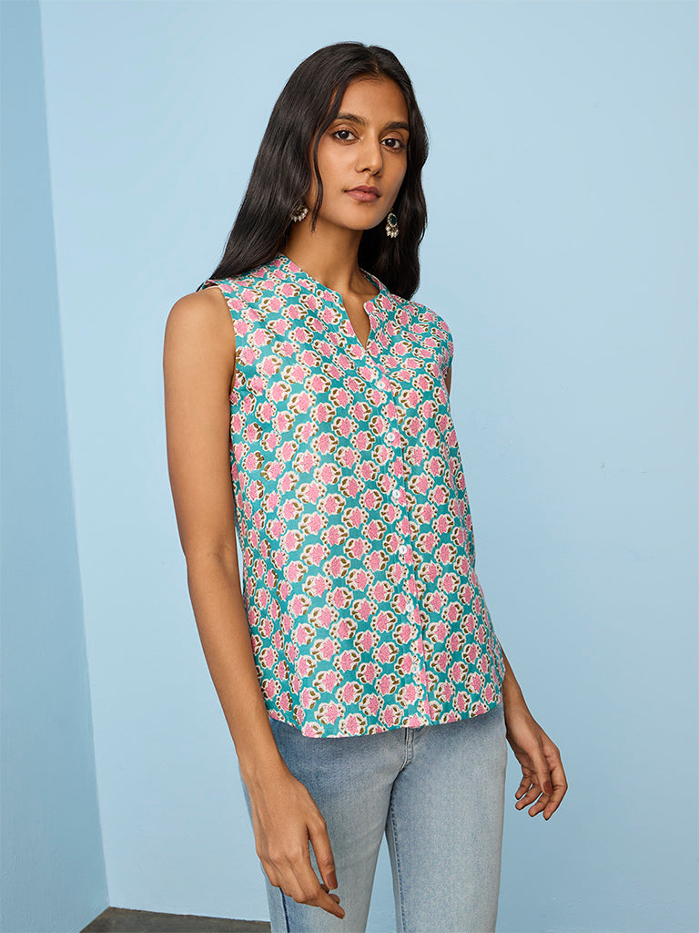 Utsa Blue Floral Printed Cotton Tunic