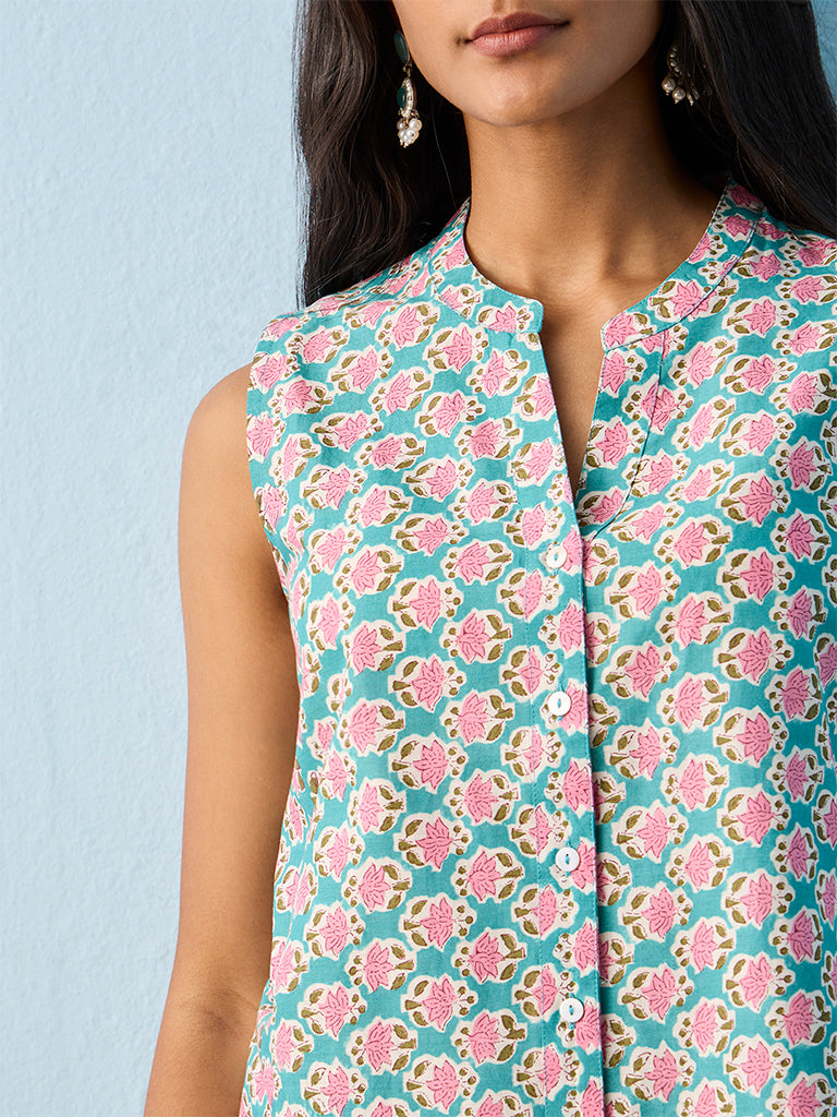 Utsa Blue Floral Printed Cotton Tunic
