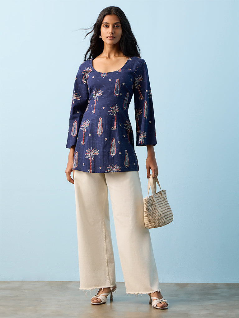 Utsa Navy Botanical Printed Cotton Tunic