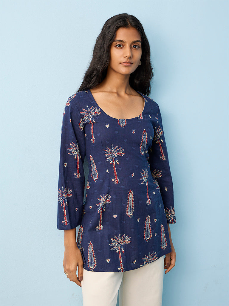 Utsa Navy Botanical Printed Cotton Tunic