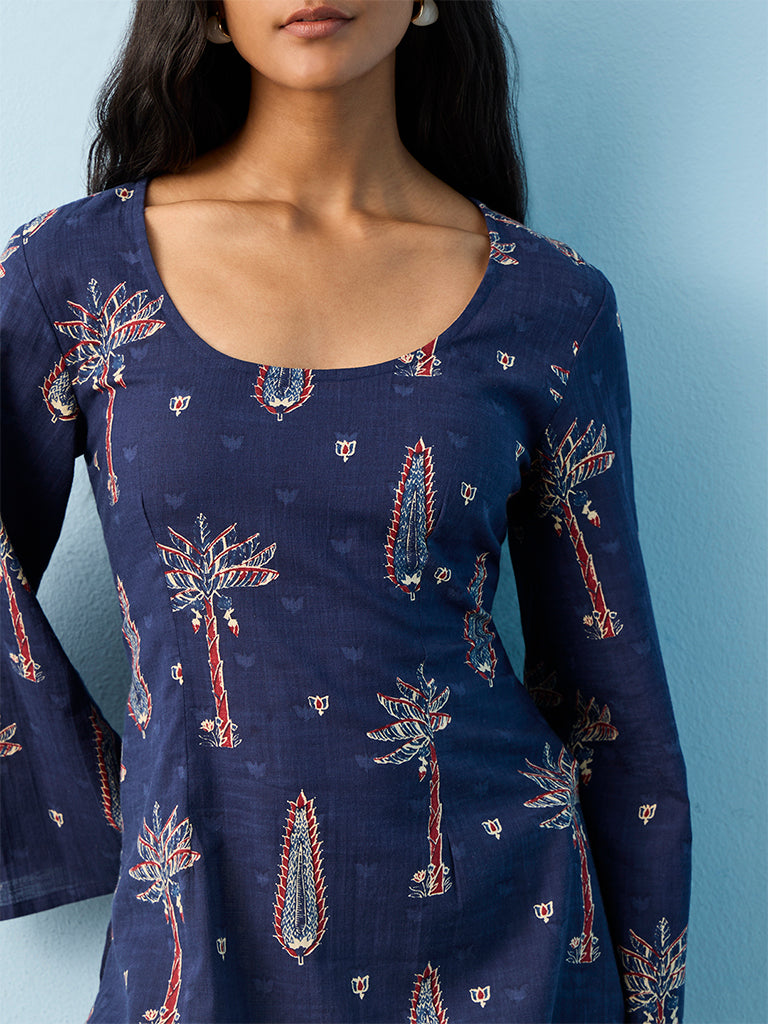 Utsa Navy Botanical Printed Cotton Tunic