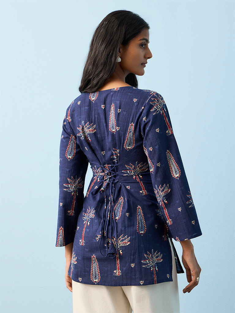 Utsa Navy Botanical Printed Cotton Tunic