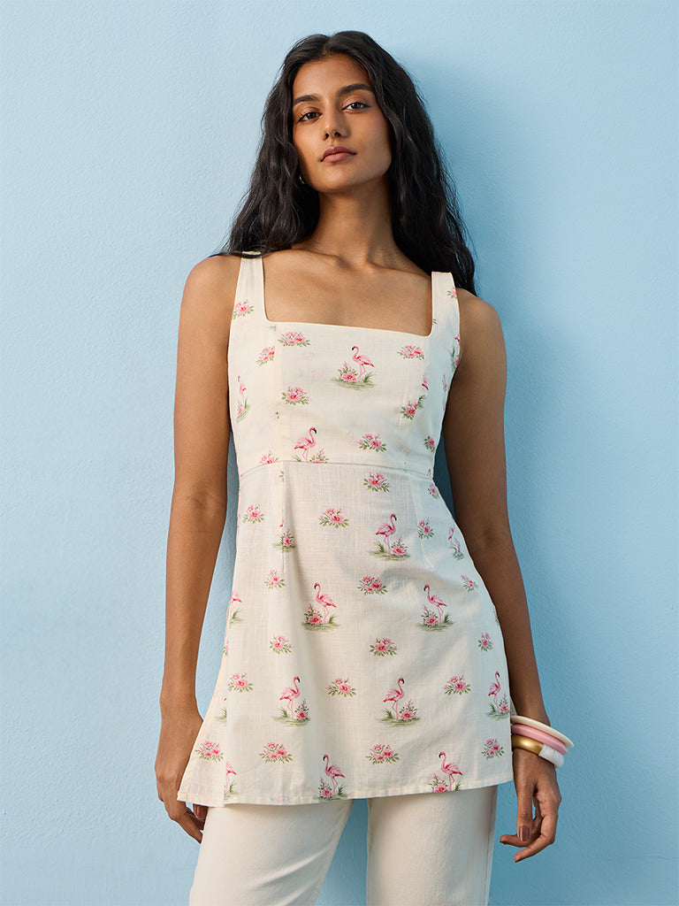 Utsa White Flamingo-Printed Cotton Tunic