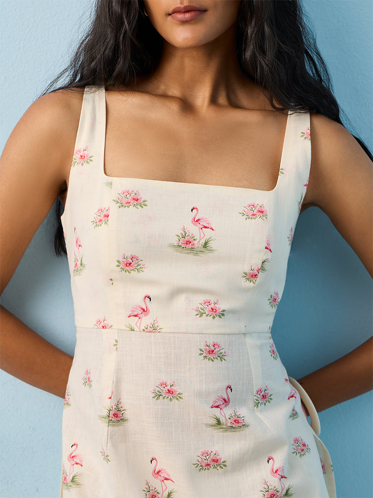 Utsa White Flamingo-Printed Cotton Tunic