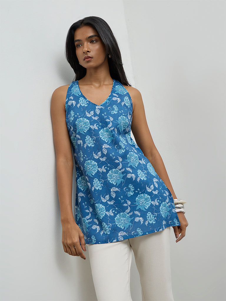 Utsa Indigo Floral Printed Cotton Tunic