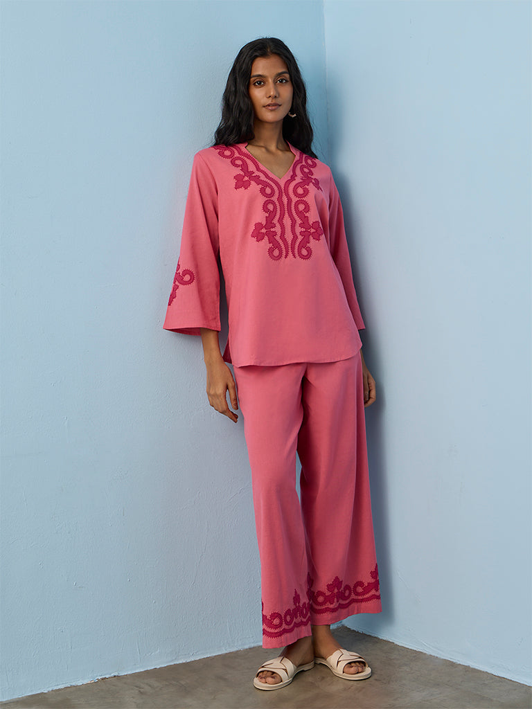 Utsa Pink Embroidered Cotton-Blend Palazzos