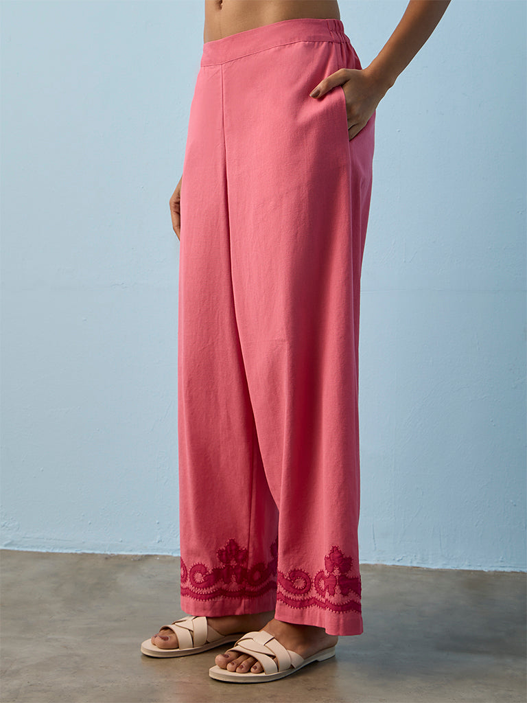 Utsa Pink Embroidered Cotton-Blend Palazzos