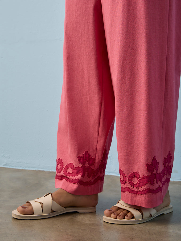 Utsa Pink Embroidered Cotton-Blend Palazzos