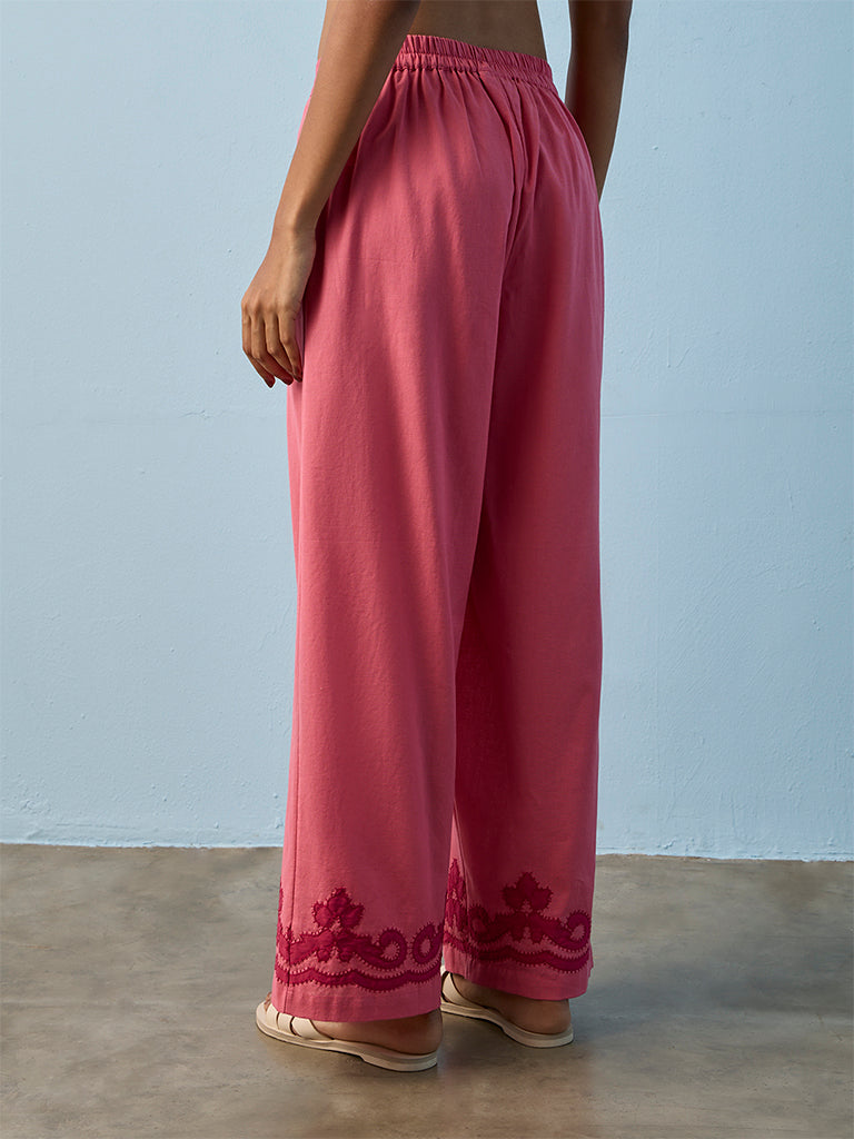 Utsa Pink Embroidered Cotton-Blend Palazzos