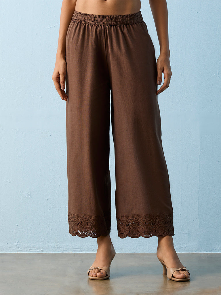 Utsa Brown Floral Embroidered Cotton-Blend Palazzos