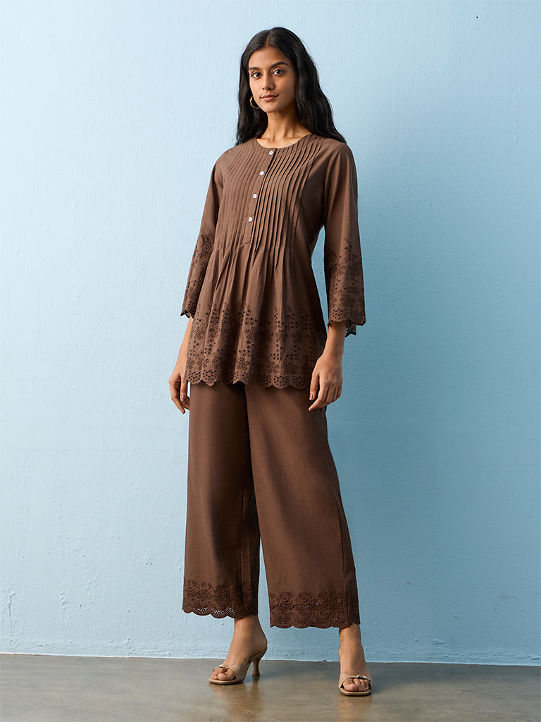 Utsa Brown Floral Embroidered Cotton-Blend Palazzos