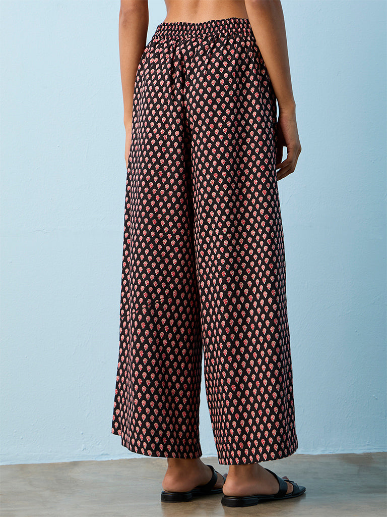 Utsa Black Printed Cotton Palazzos