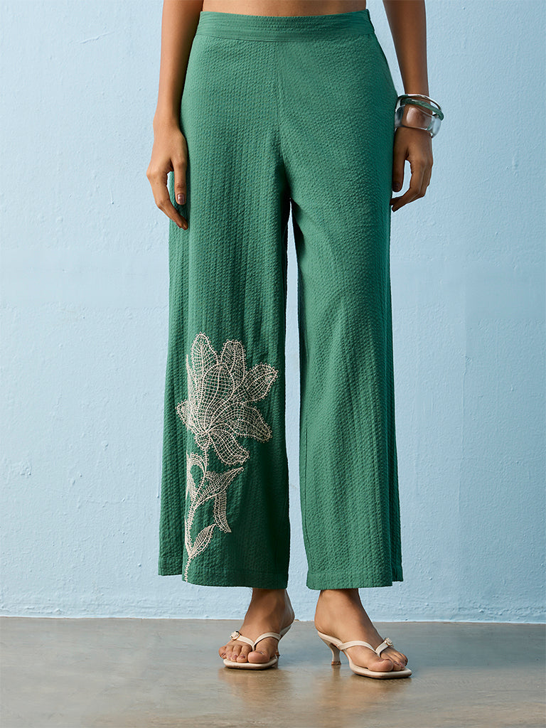 Utsa Green Floral Embroidered Cotton Pants
