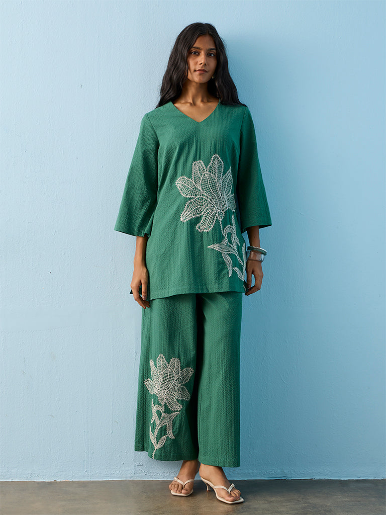 Utsa Green Floral Embroidered Cotton Pants