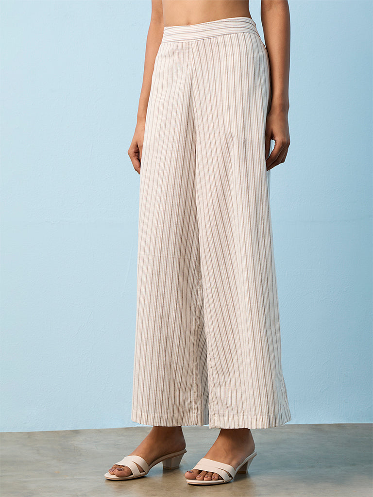 Utsa Off-White Striped Cotton Palazzos