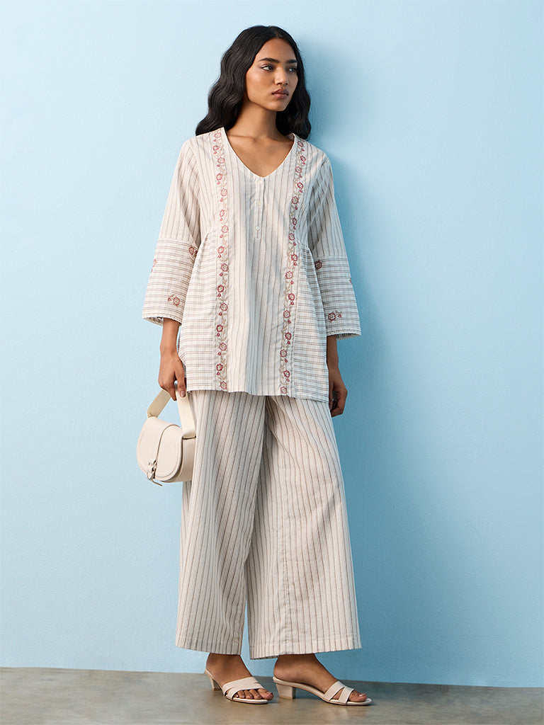 Utsa Off-White Striped Cotton Palazzos