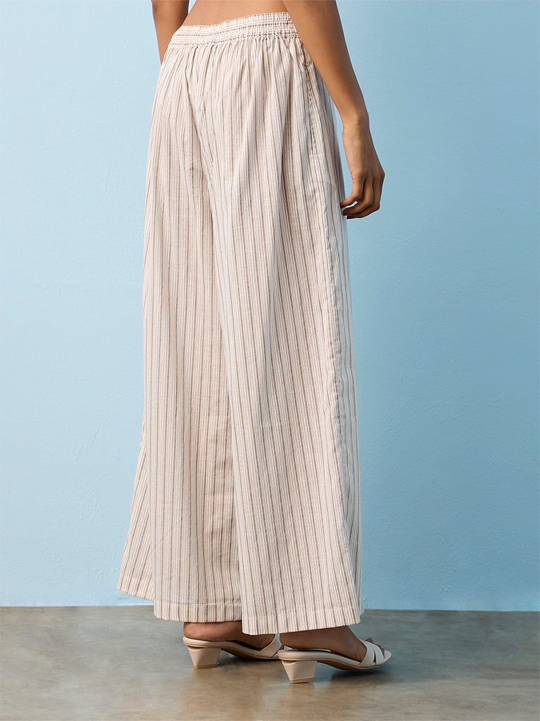 Utsa Off-White Striped Cotton Palazzos
