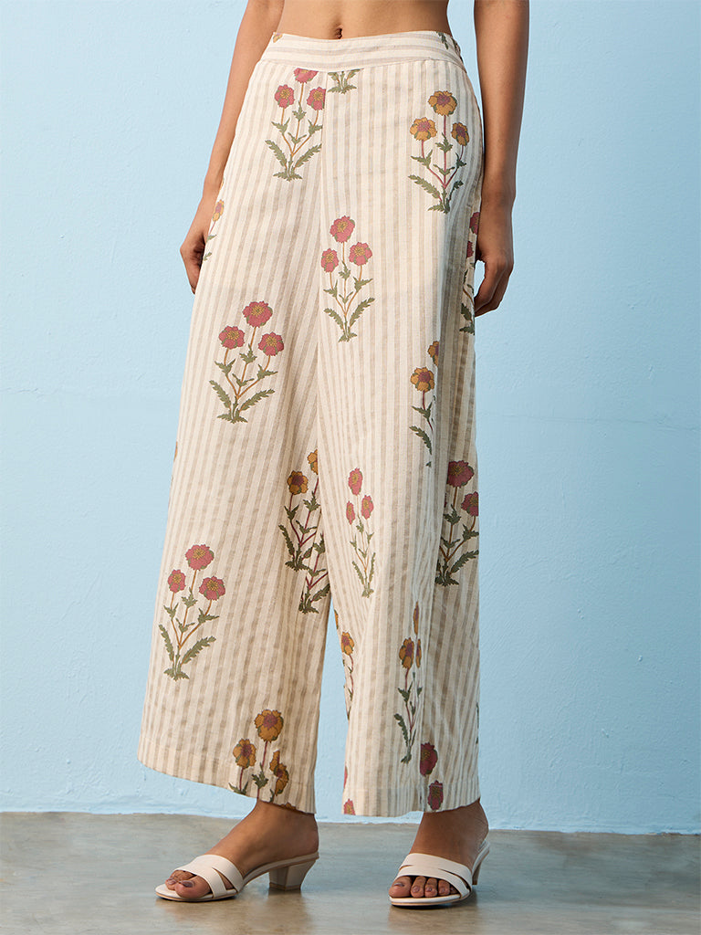 Utsa Off-White Floral Printed Cotton-Blend Pants