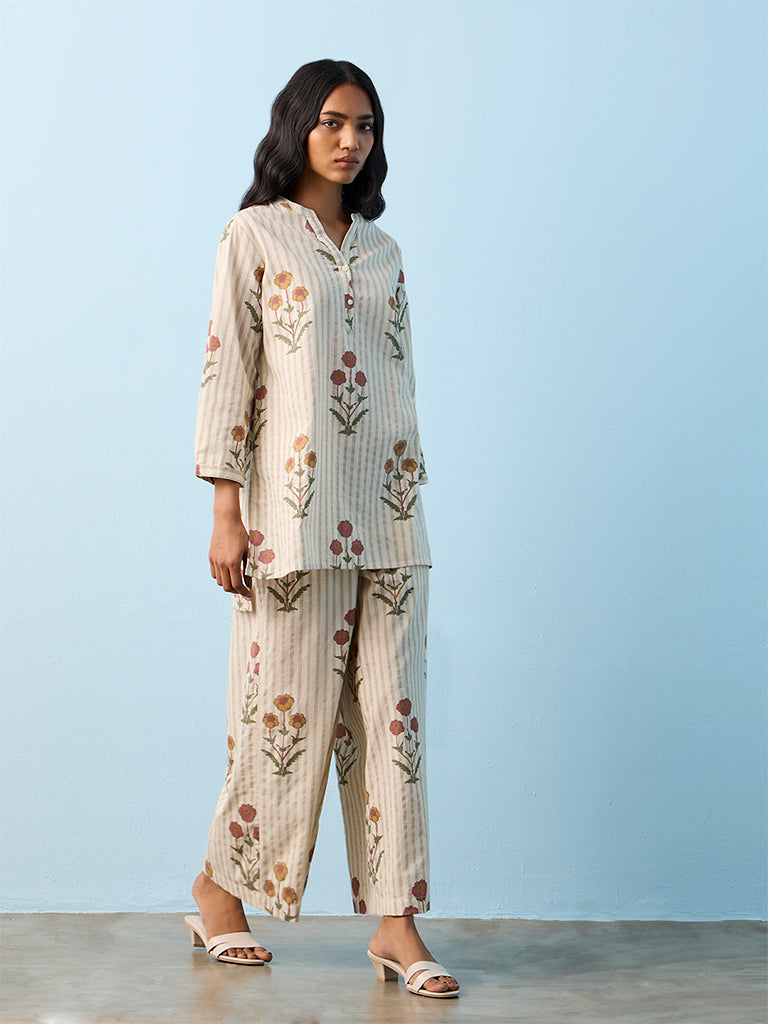 Utsa Off-White Floral Printed Cotton-Blend Pants