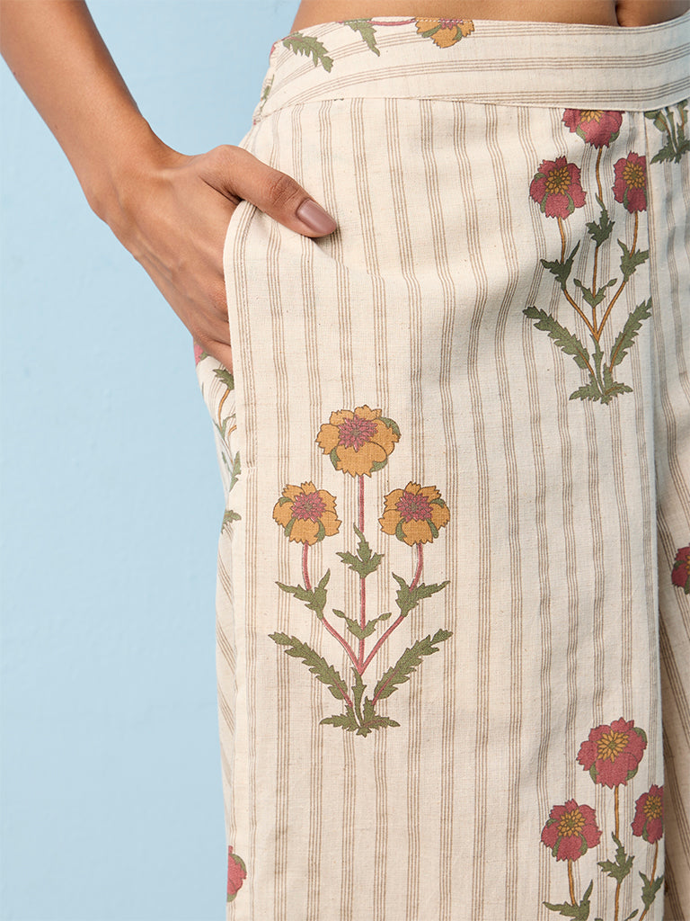 Utsa Off-White Floral Printed Cotton-Blend Pants