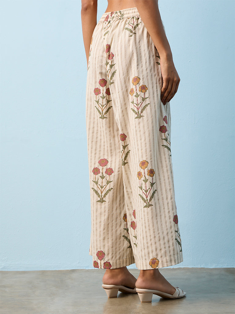 Utsa Off-White Floral Printed Cotton-Blend Pants